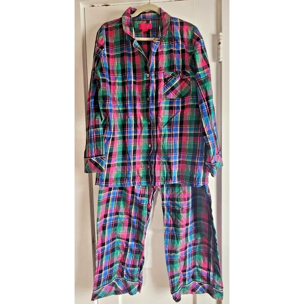 Victoria's Secret 2pc set Pajamas metallic silver plaid‎ cotton button womens XL